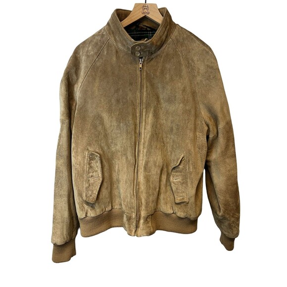 Men's Vintage Crew Tan Pig Suede Leather Plaid Lined Bomber Jacket Size 46 - Picture 2 of 16